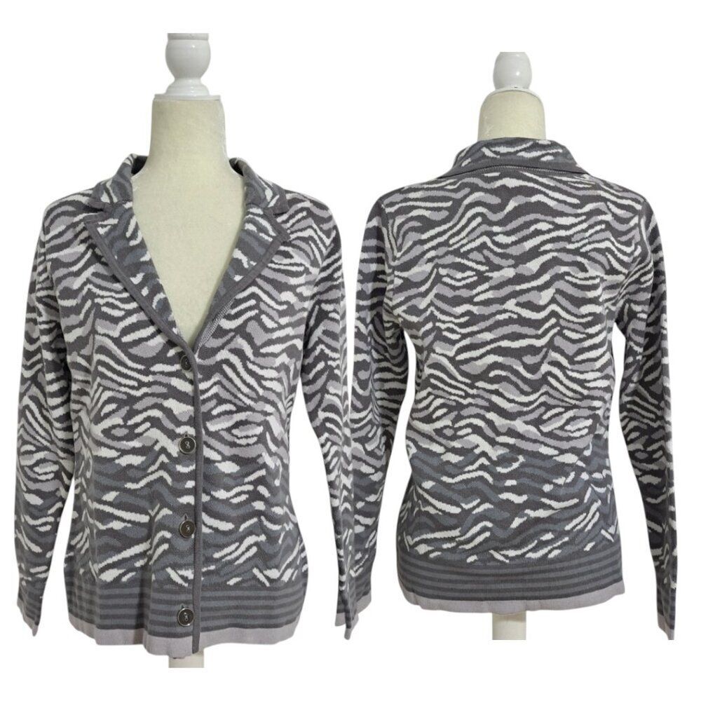 Isaac Mizrahi Women's Knit Blazer Office 100% Cotton Grey Animal Print Sz Medium